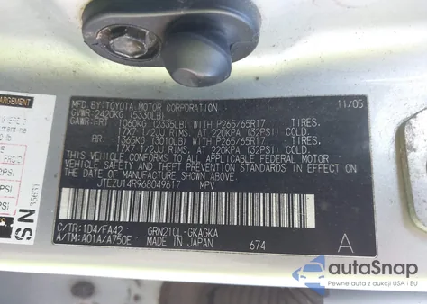 2006 Toyota 4Runner Sr5 V6 z USA, uszkodzony, nr VIN JTEZU14R968049617